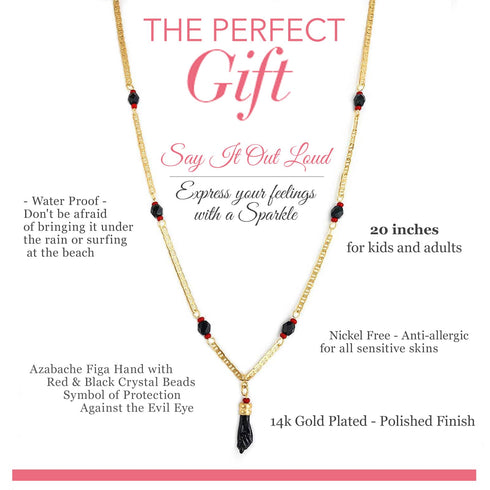 The Unisex Azabache Necklace for Evil Eye Protection combines spirituality with style, crafted in 14K gold-filled material and adorned with a Figa Hand charm featuring red and black beads. This waterproof and nickel-free necklace measures 20 inches in length, has a polished finish, and is ideal for both kids and adult women.